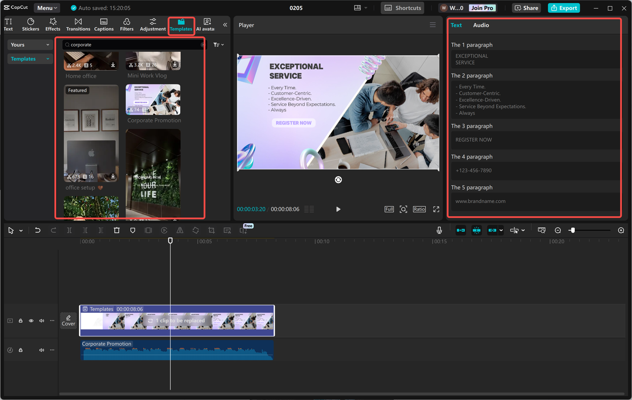 Editing a corporate video template in the CapCut desktop video editor