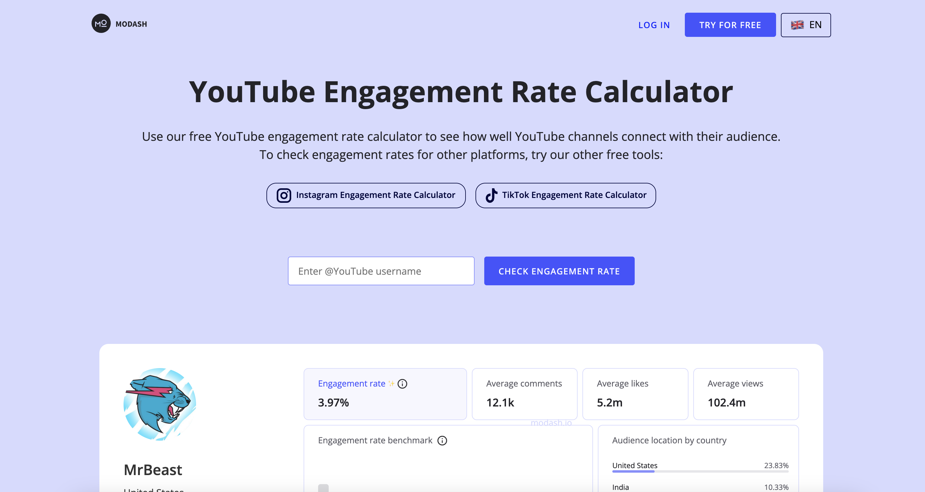 Modash kalkulačku interakcí YouTube