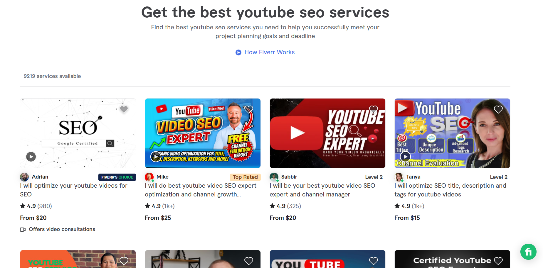 Penyenaraian perkhidmatan SEO YouTube Fiverr
