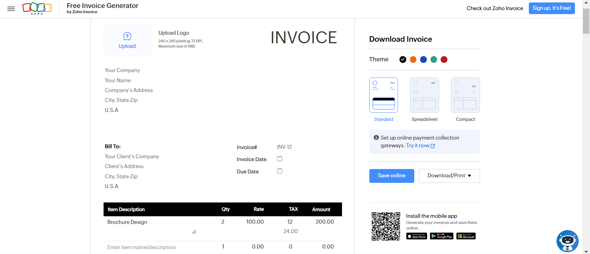 Zoho invoice generator with logo placeholder