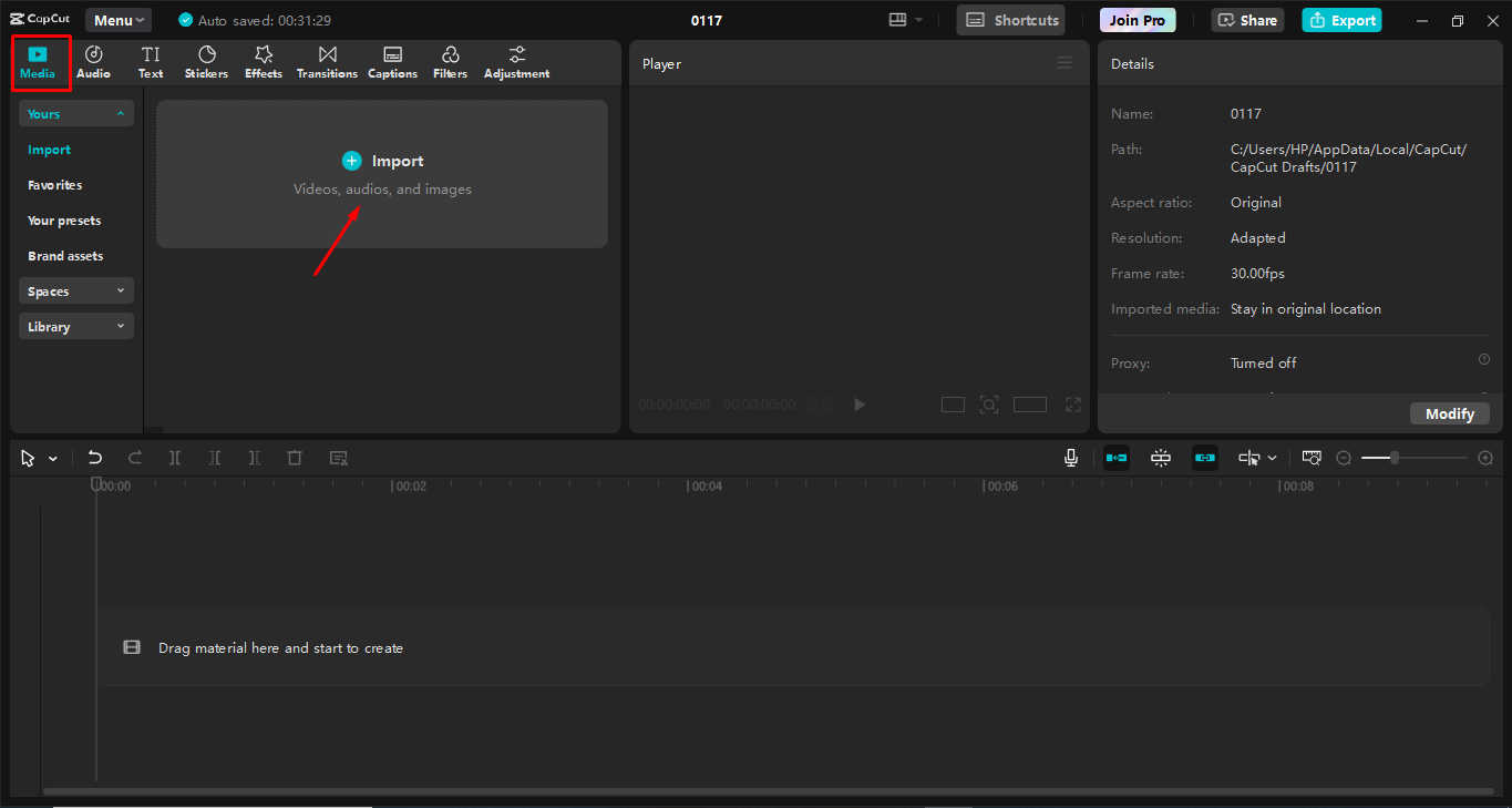 Uploading video to the CapCut desktop video editor