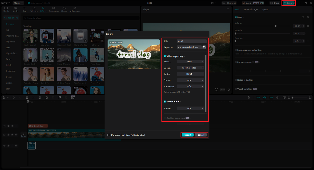 Export button on top right
