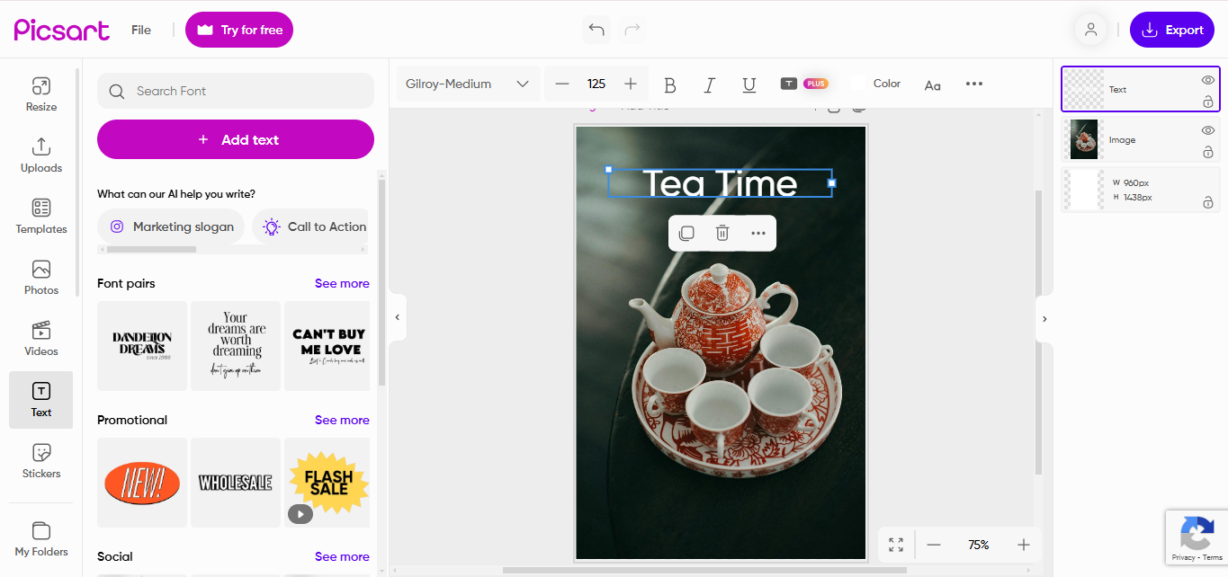 Interface of Picsart - the ideal platform to write text on photos online