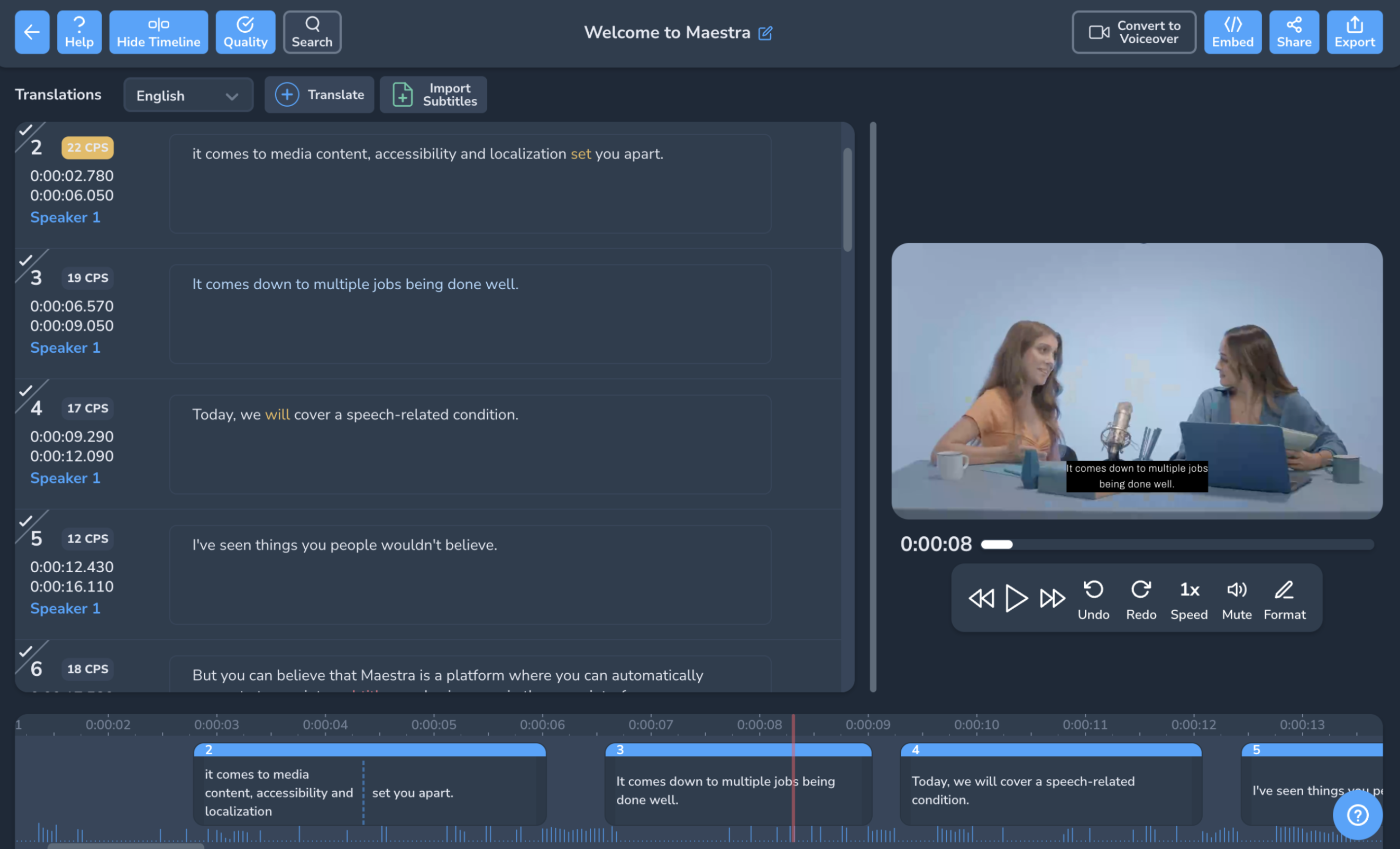 Interface of Maestra AI - a valuable tool to translate Chinese-to-English subtitles