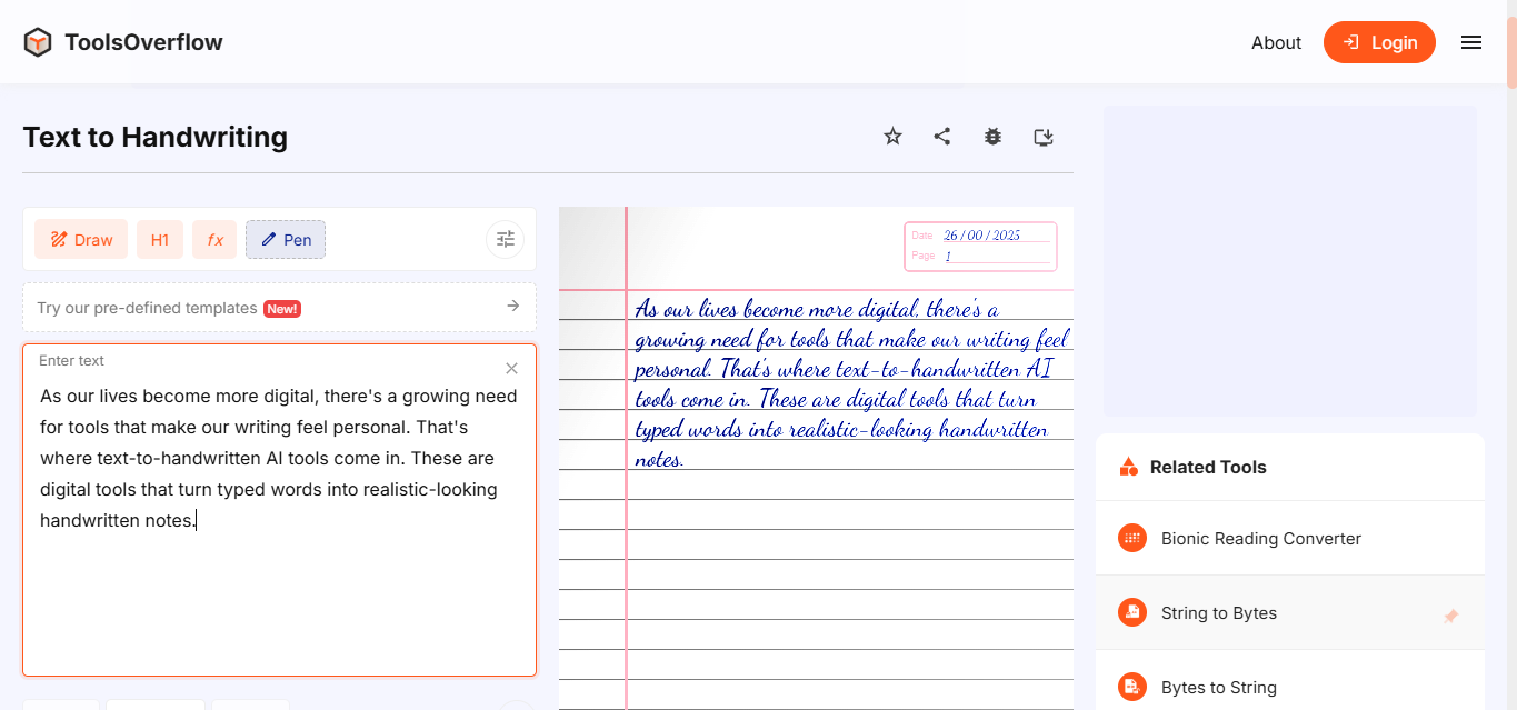 Interface of ToolsOverflow - an easy-to-use tool to convert text into handwriting