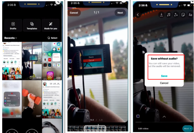 Picture showing how to save Instagram Reels drafts without music