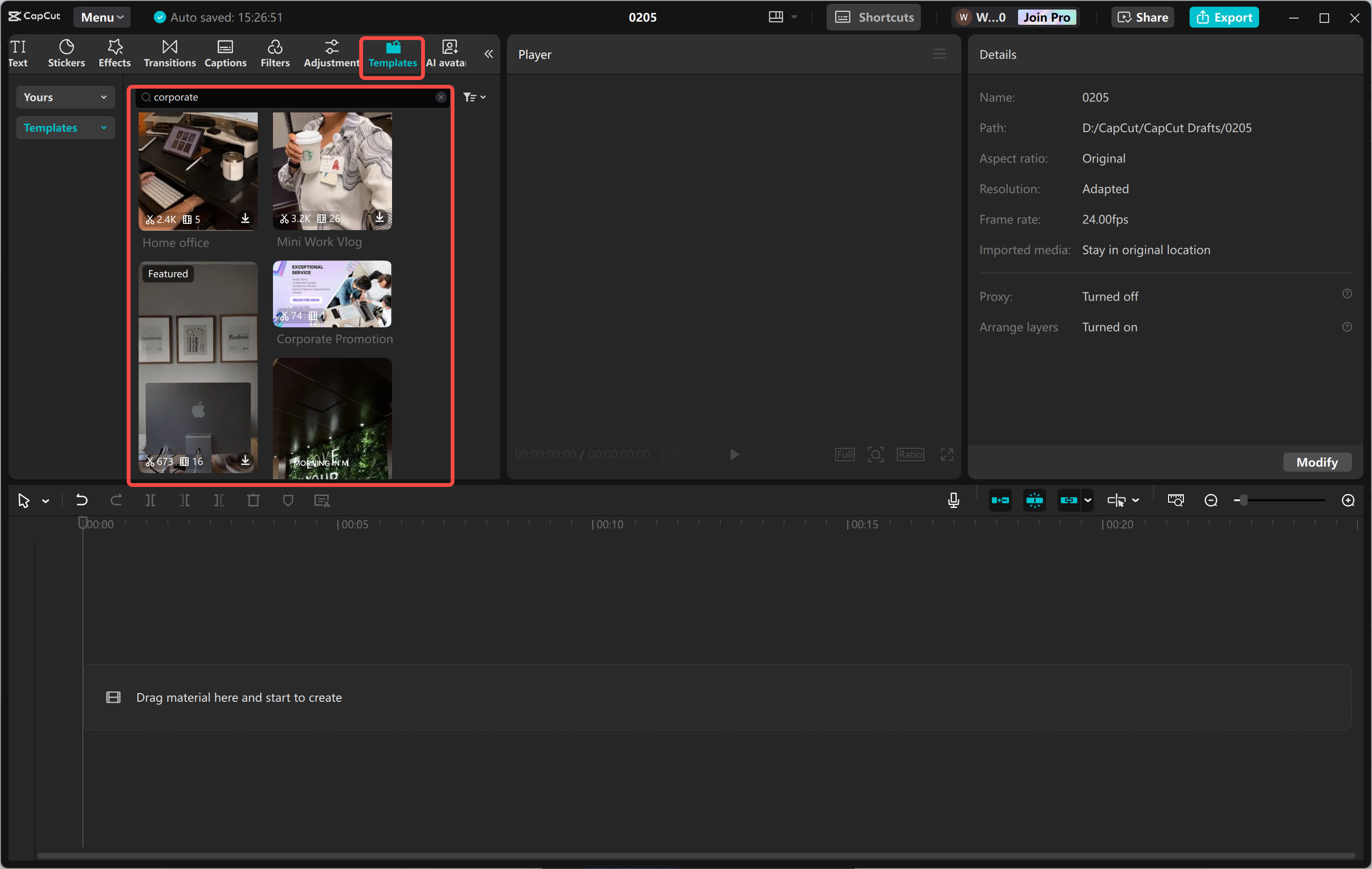 Selecting a corporate video template in CapCut desktop video editor