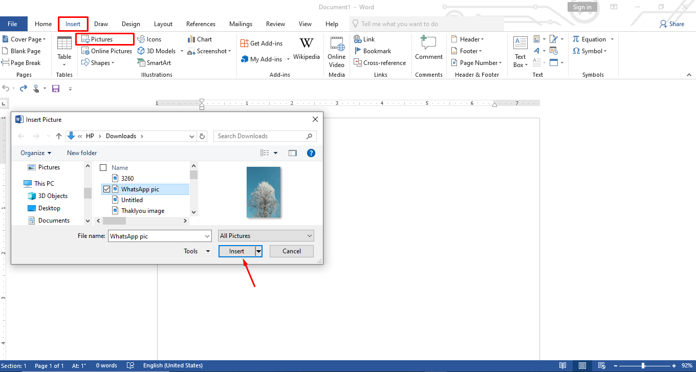 Inserting an image into a Word document to write text by hand