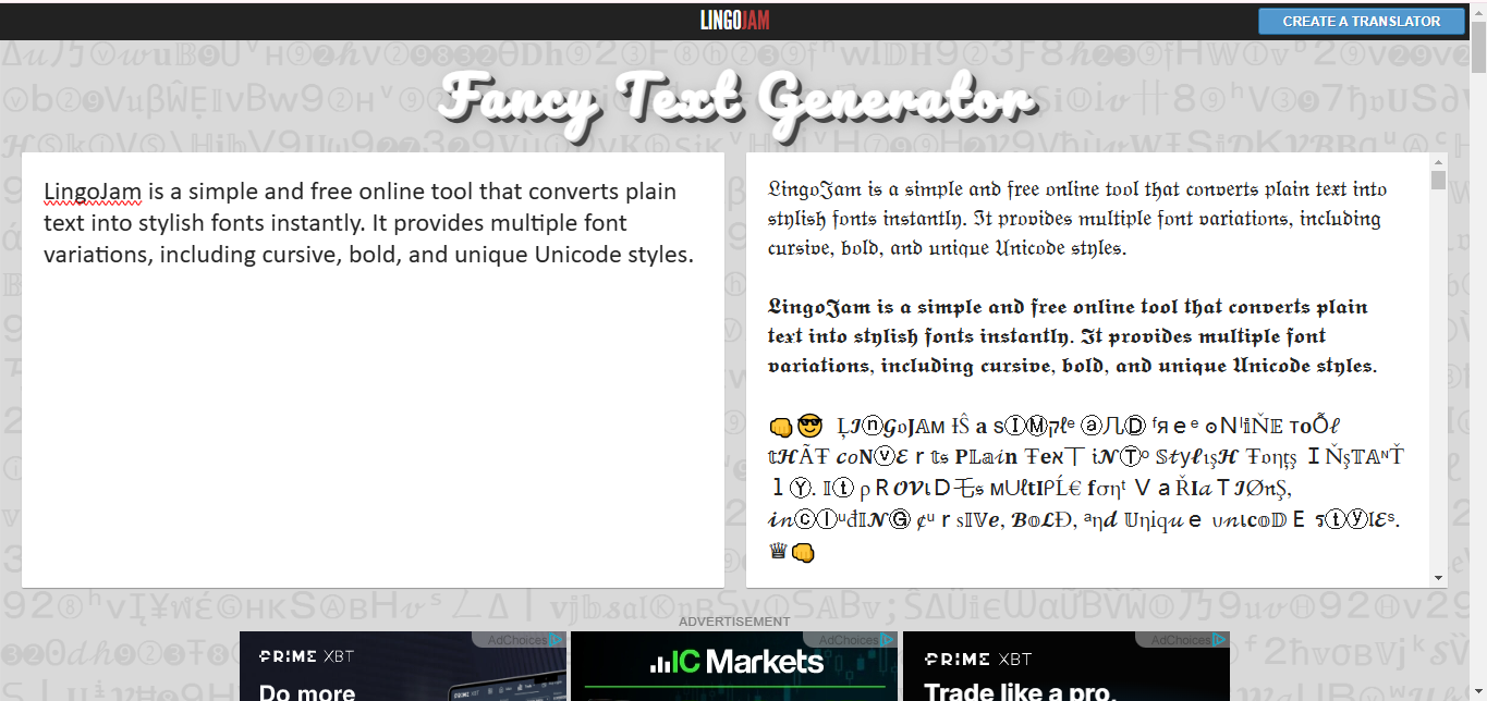 Interface of LingoJam - the reliable fancy cursive writing generator