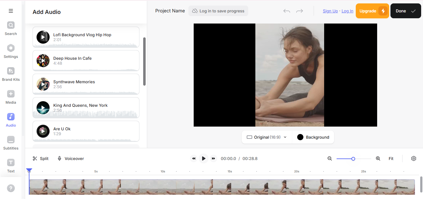 Antarmuka Veed.IO - pembuat gulungan Instagram yang sangat baik