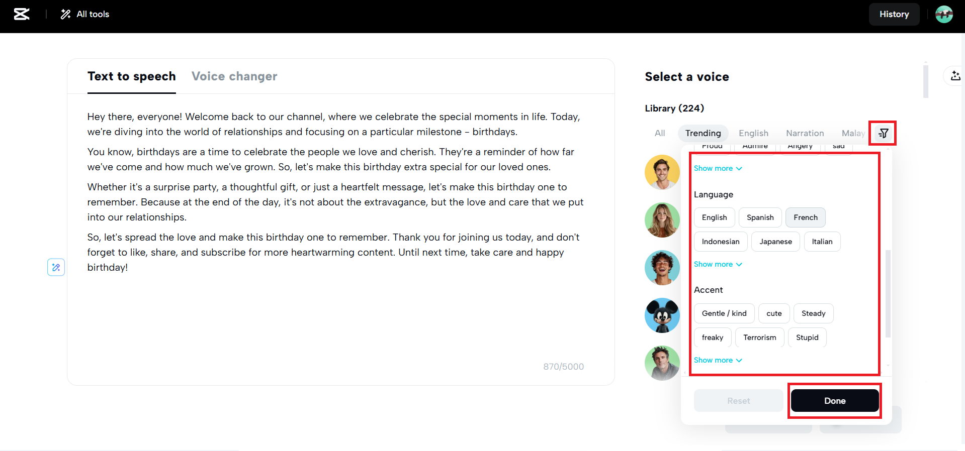 Apply filters to find the perfect vocies
