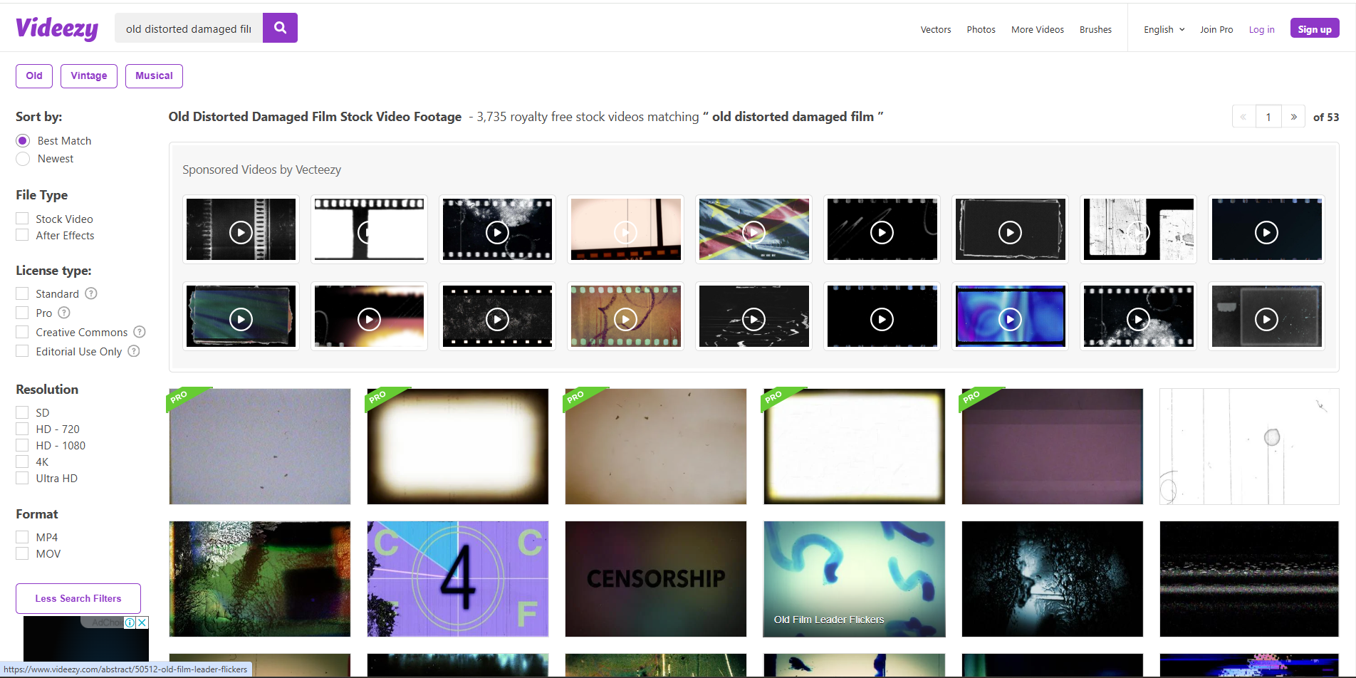 Interface of Videezy - the perfect way to download damage film overlays