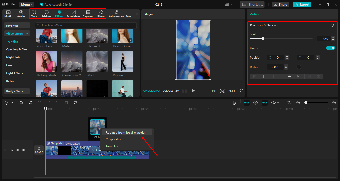 Customizing the reel template in the CapCut desktop video editor