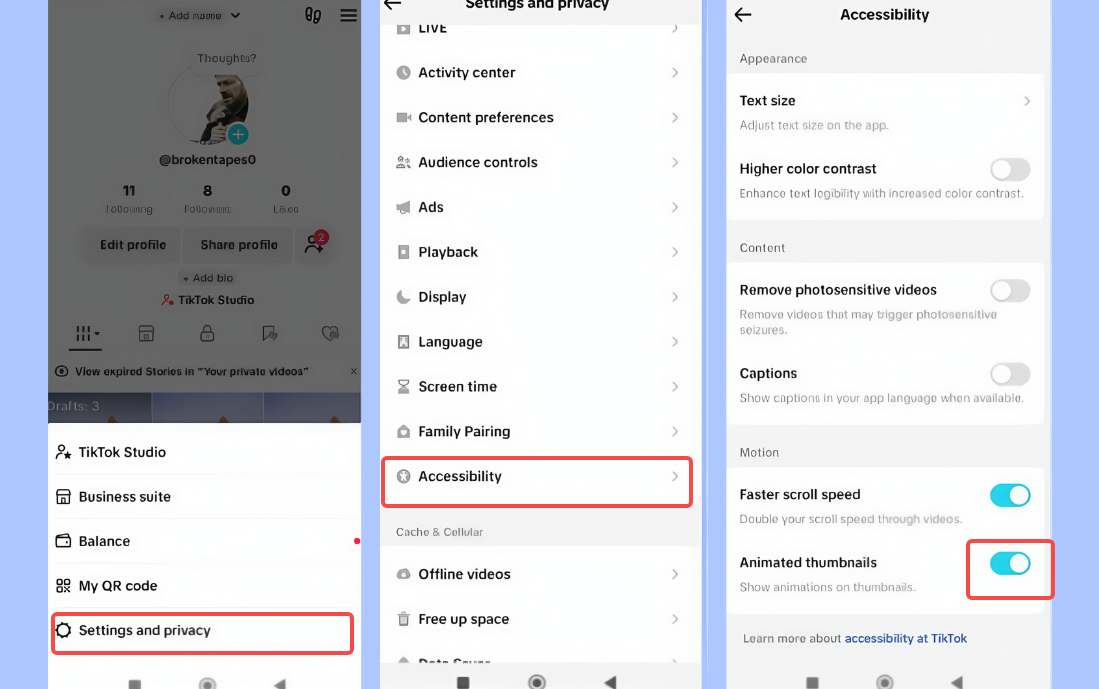 Enable animated thumbnails on TikTok app