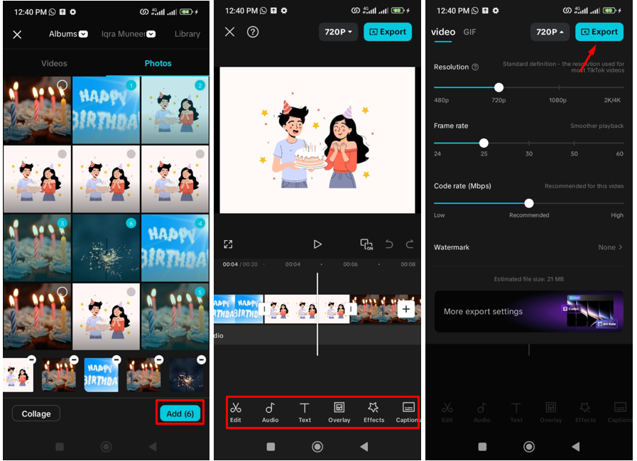 Interface of CapCut mobile app highlighting how to happy birthday reels for Instagram
