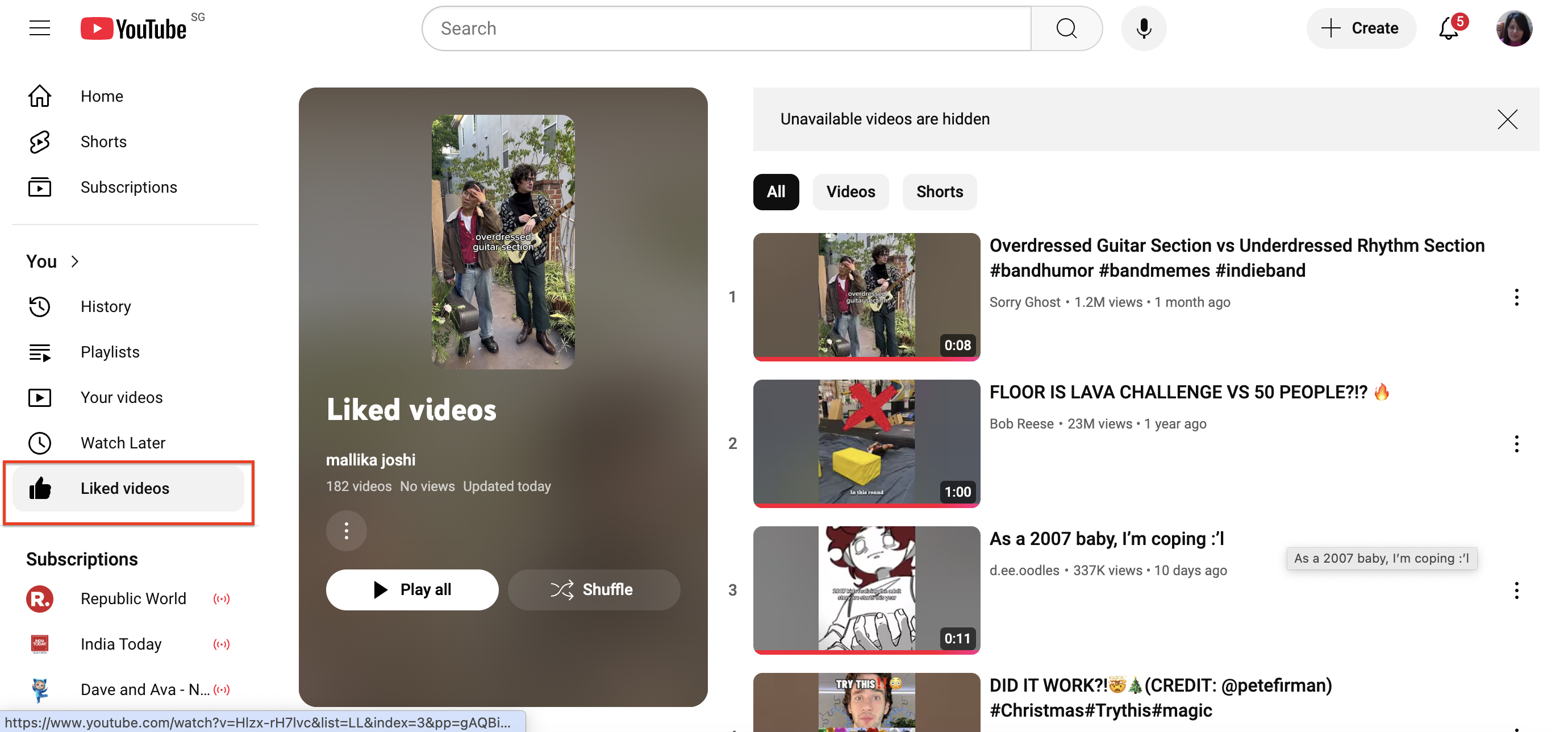 YouTube Shorts liked videos