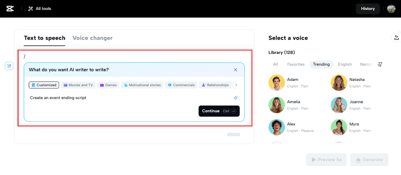 Write down your text or generate with AI
