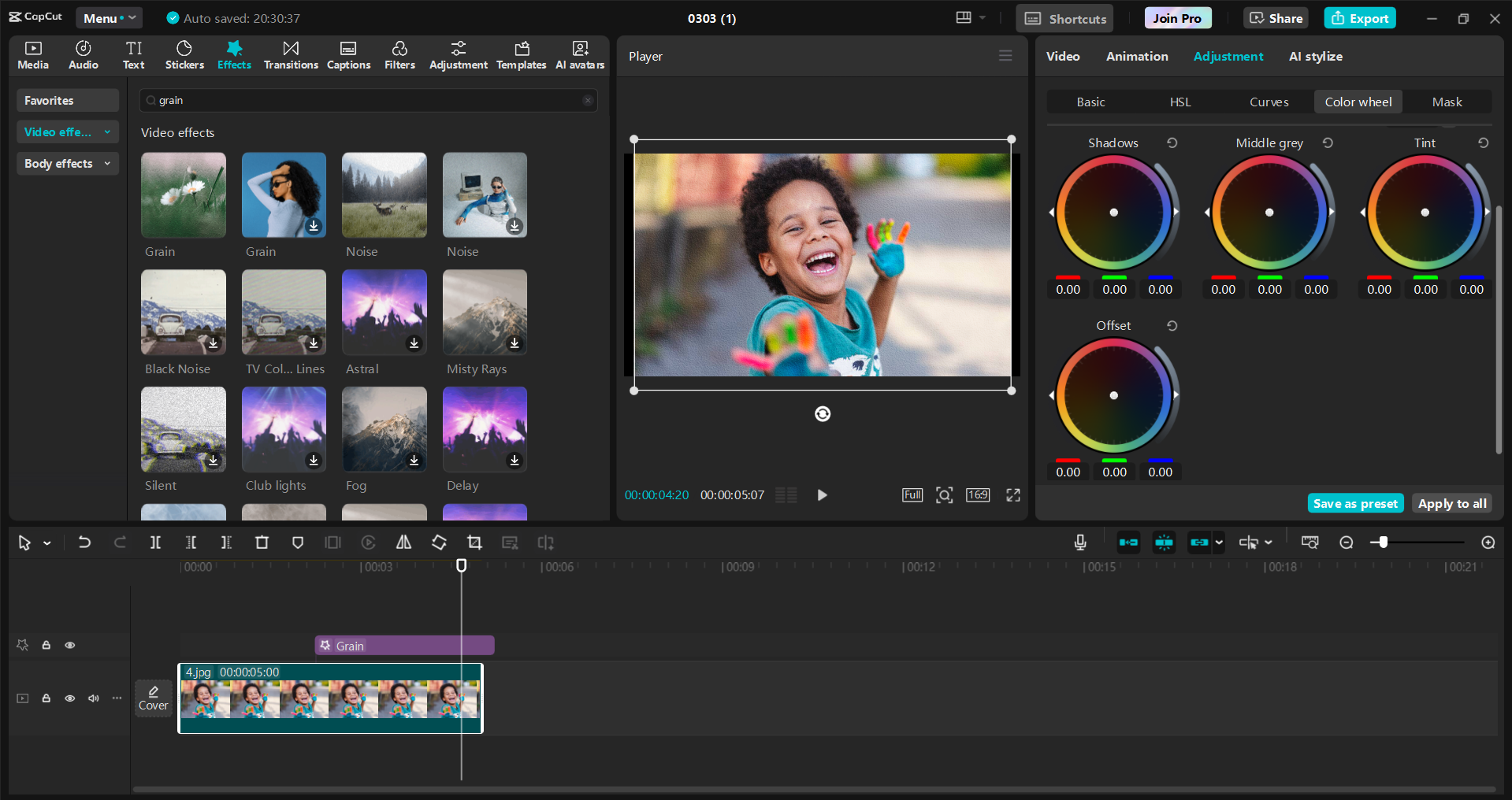 Interface of the CapCut desktop video editor - an ideal tool to add grain effect to your images
