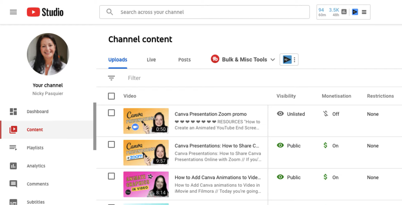 Selecting the video in YouTube Studio