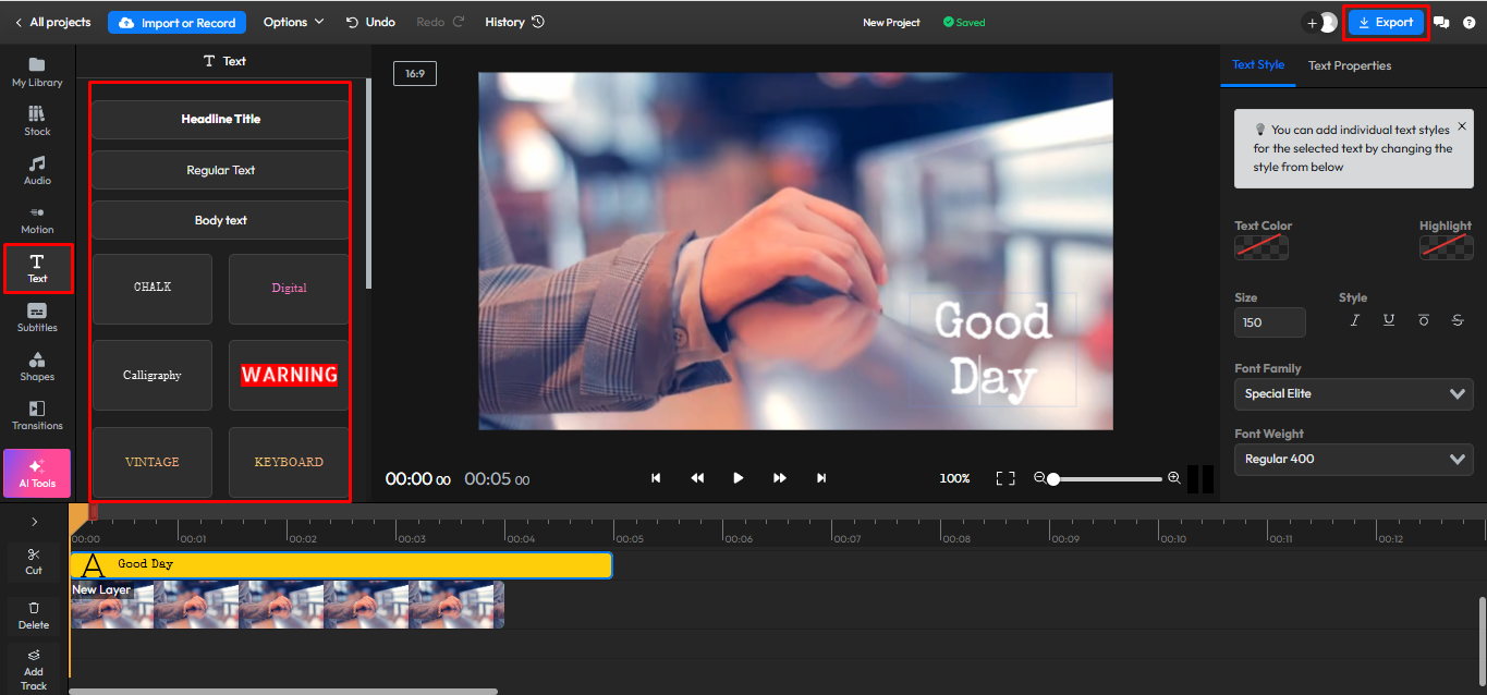 Interface of Flixier -  the best tool to write text on video online