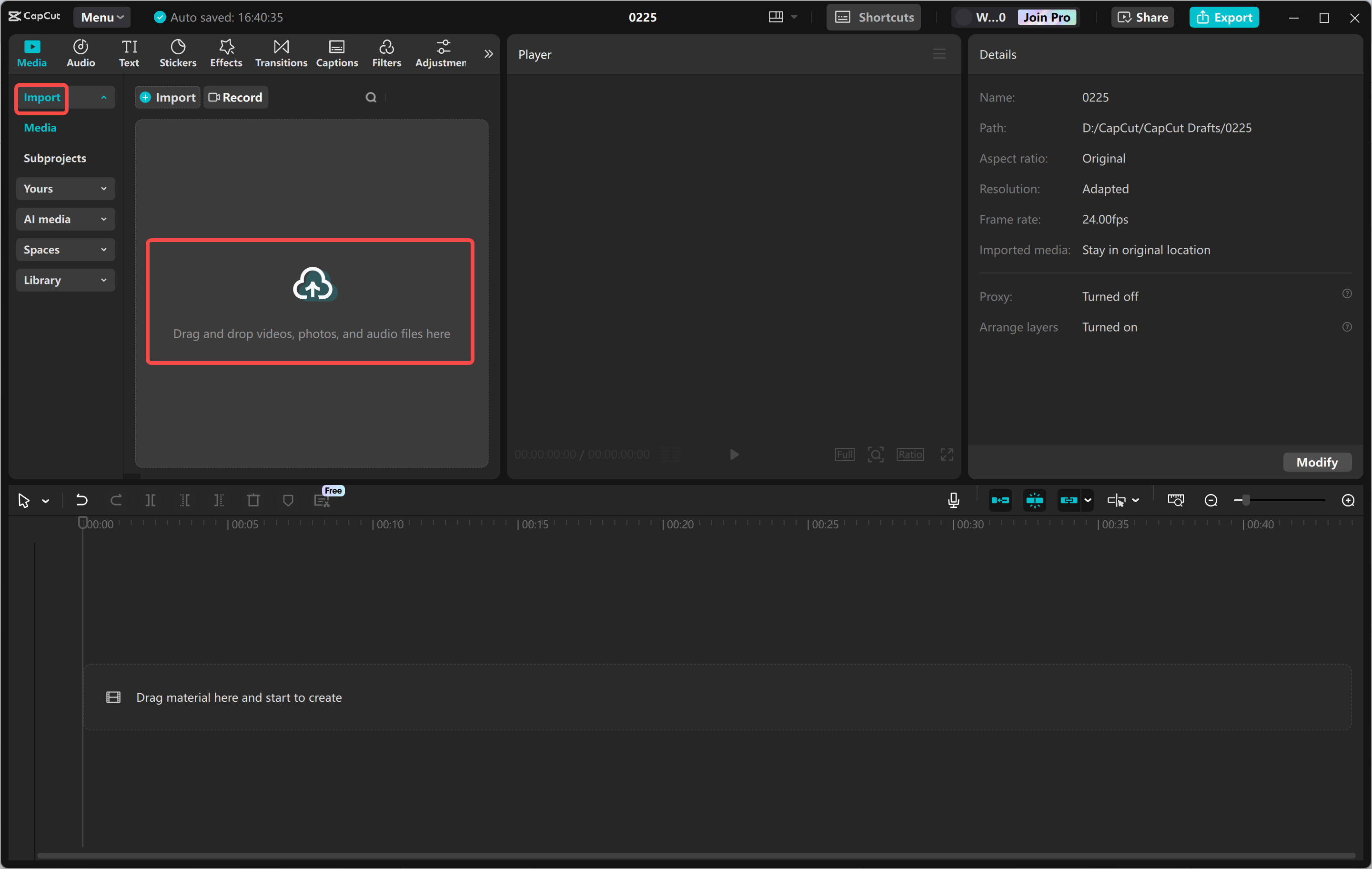 Mengimpor video di CapCut editor video desktop