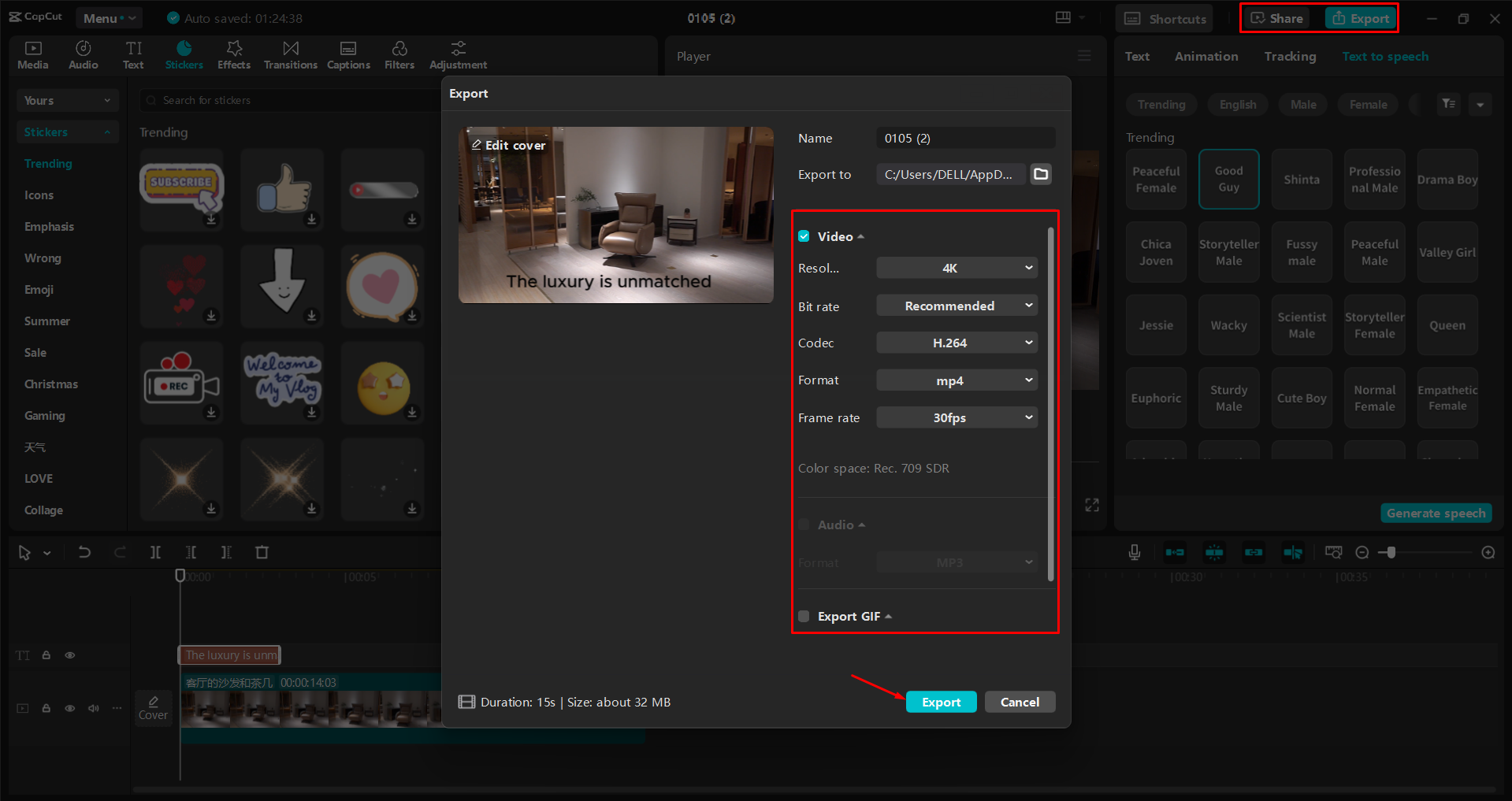 Exporting a video from the CapCut desktop video editor
