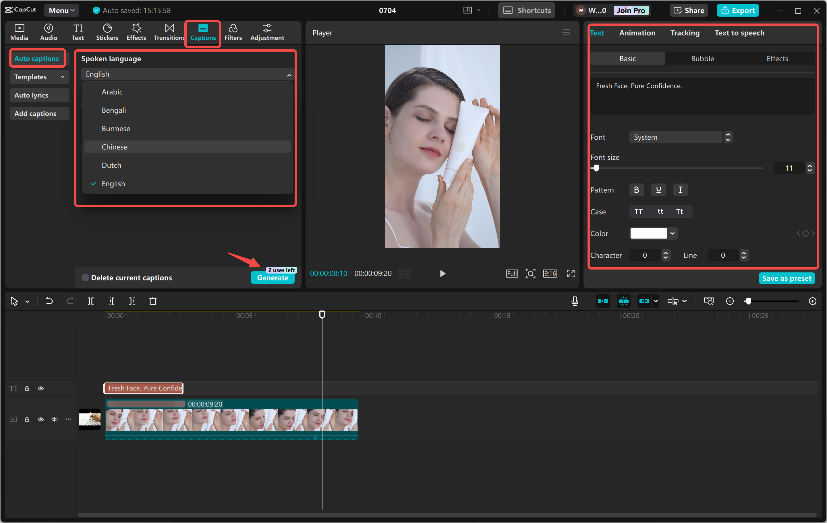 Kuvatekstien lisääminen ja tekoälyfonttien luominen CapCut-työpöytävideoeditoriin