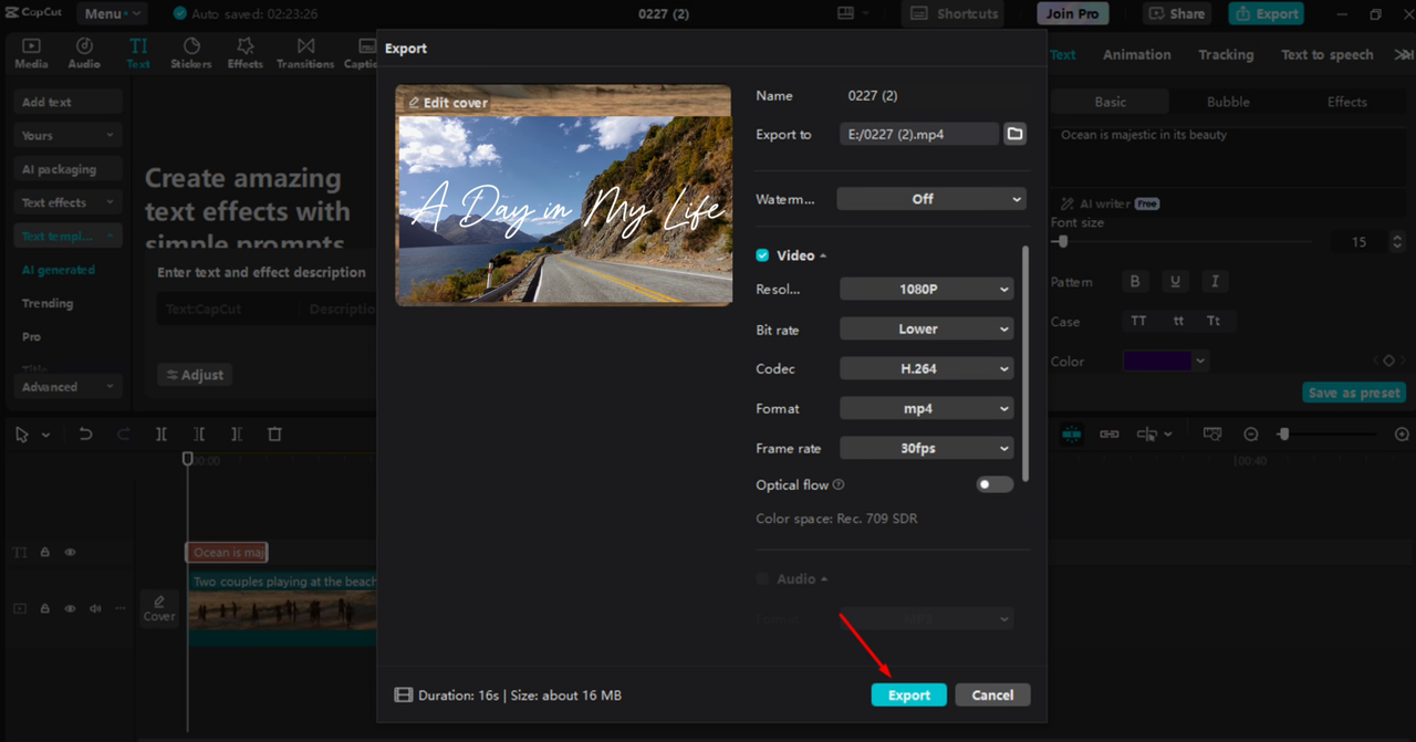 Exporting a video from the CapCut desktop video editor