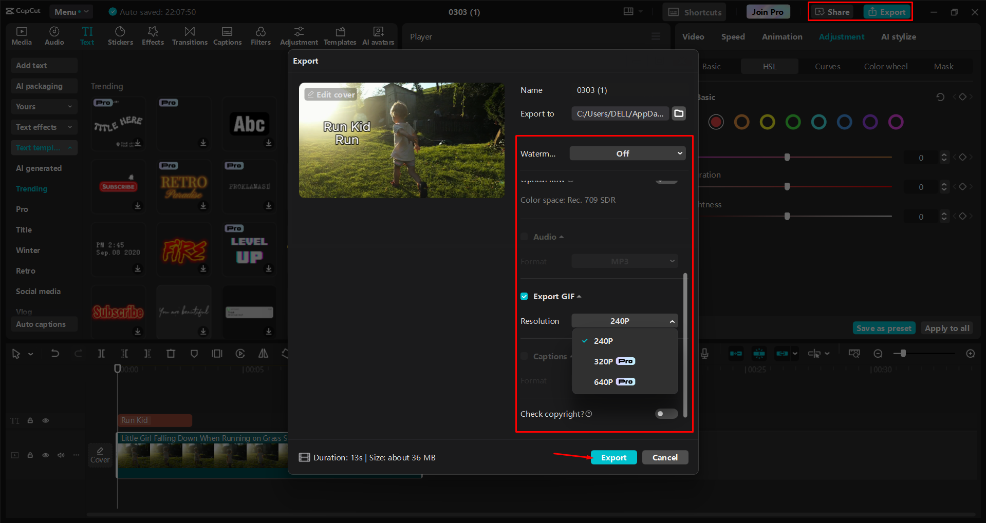 Exporting a GIF from the CapCut desktop video editor