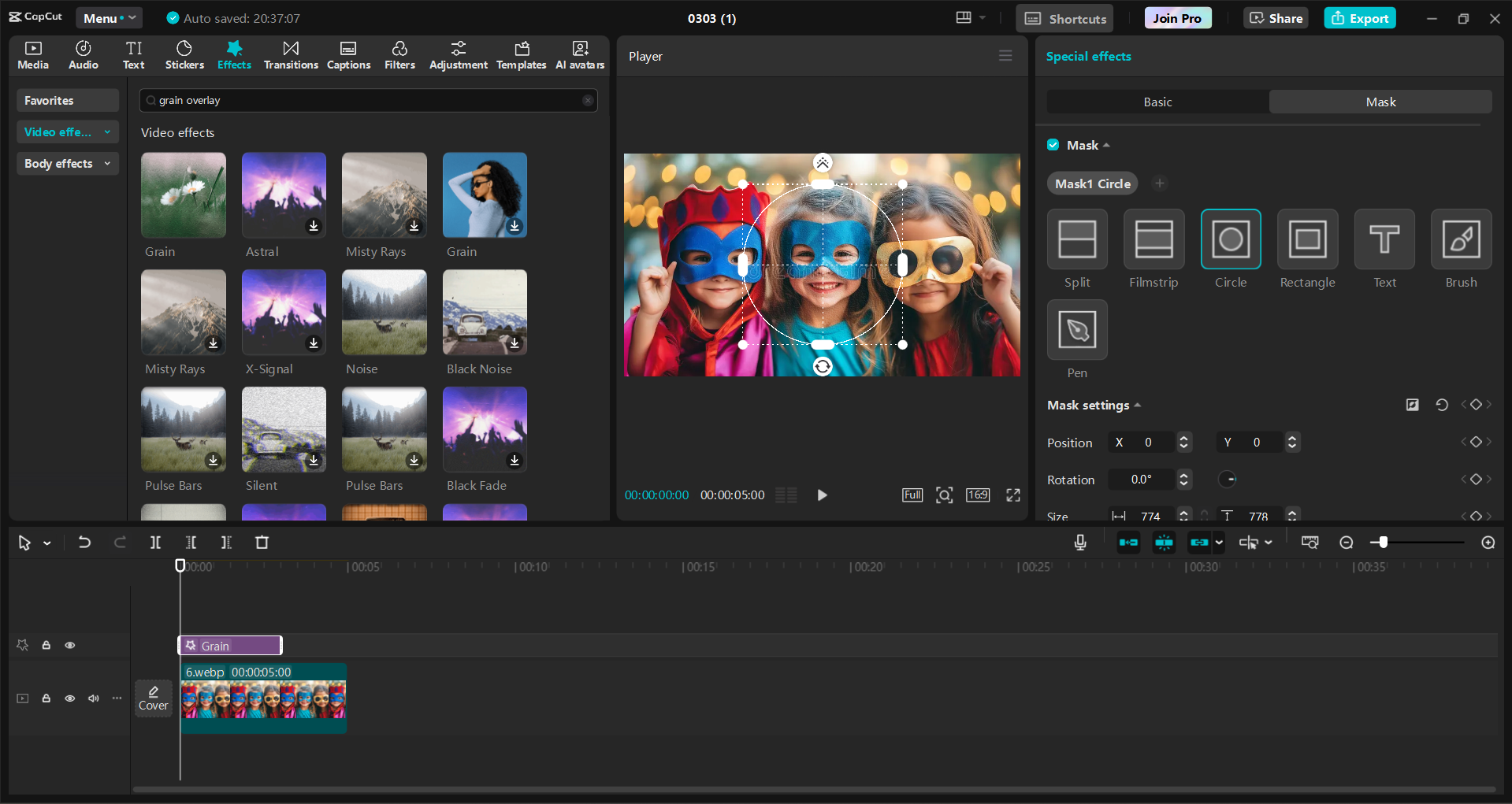 Interface of the CapCut desktop video editor - a fast way to get free film grain overlays