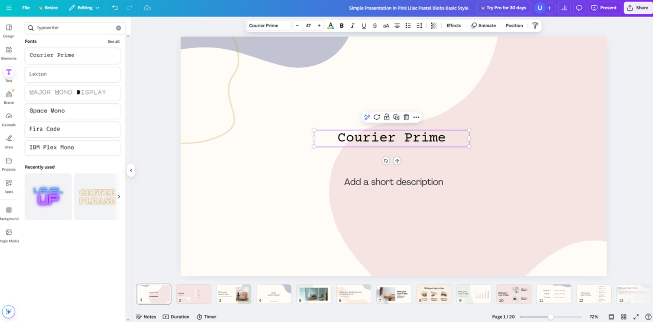 Interface of Canva - the most liked tool for typewriter text fonts