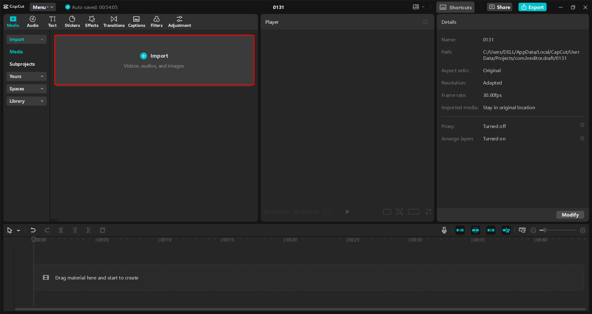 Uploading a video into the CapCut desktop video editor
