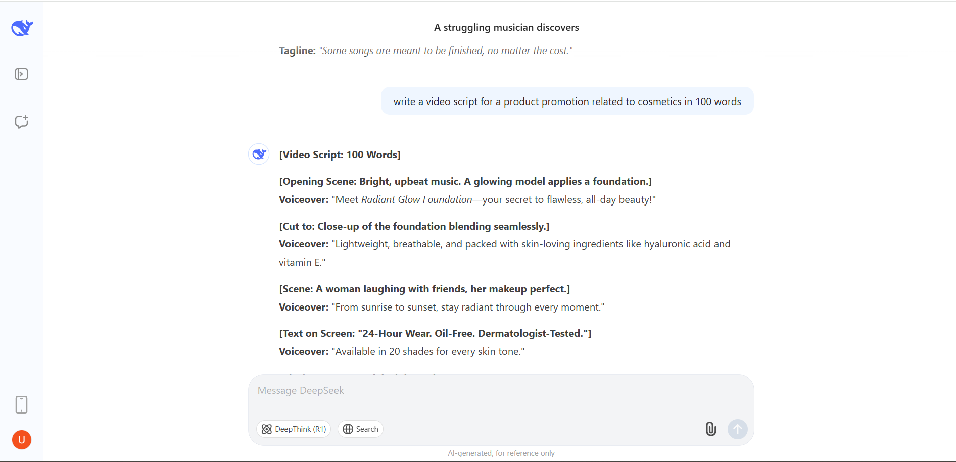 Utilizzo della chat DeepSeek per generare script video