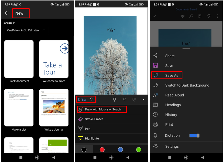 Image showing how to write text over a picture in Word using mobile