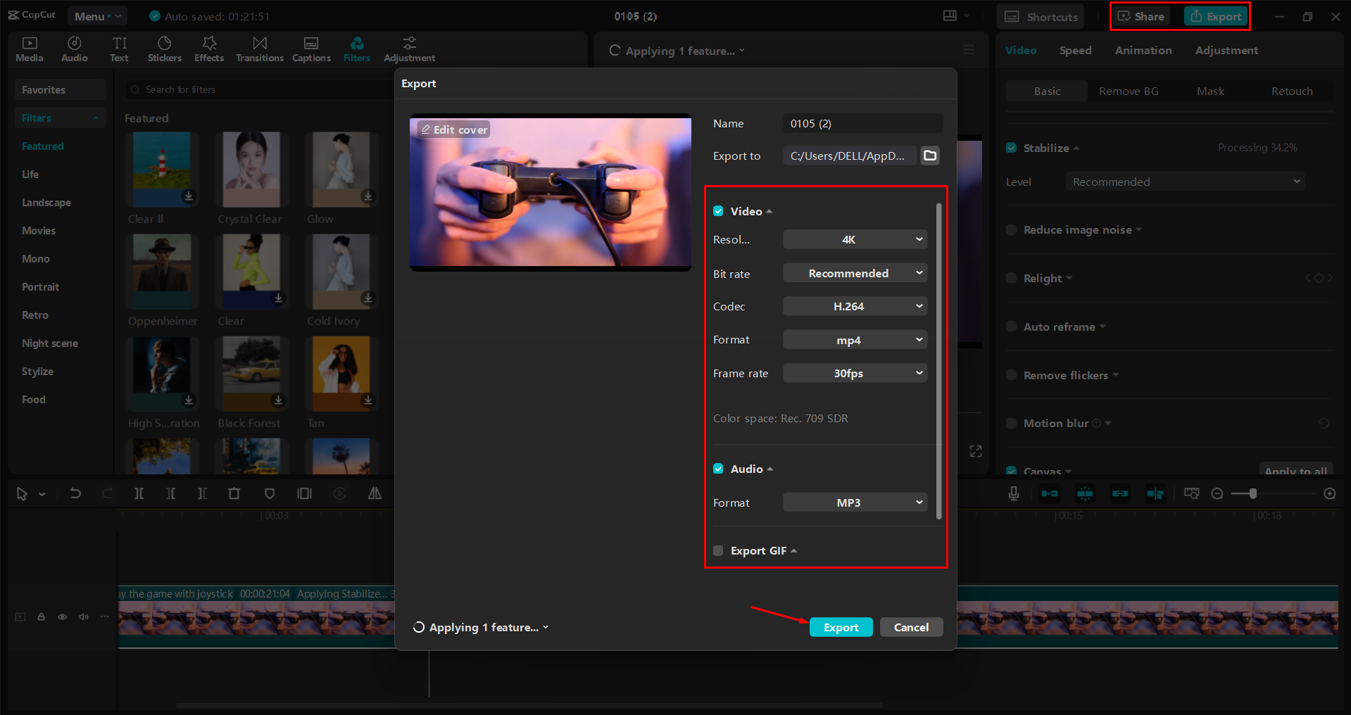 Exporting a video from the CapCut desktop video editor