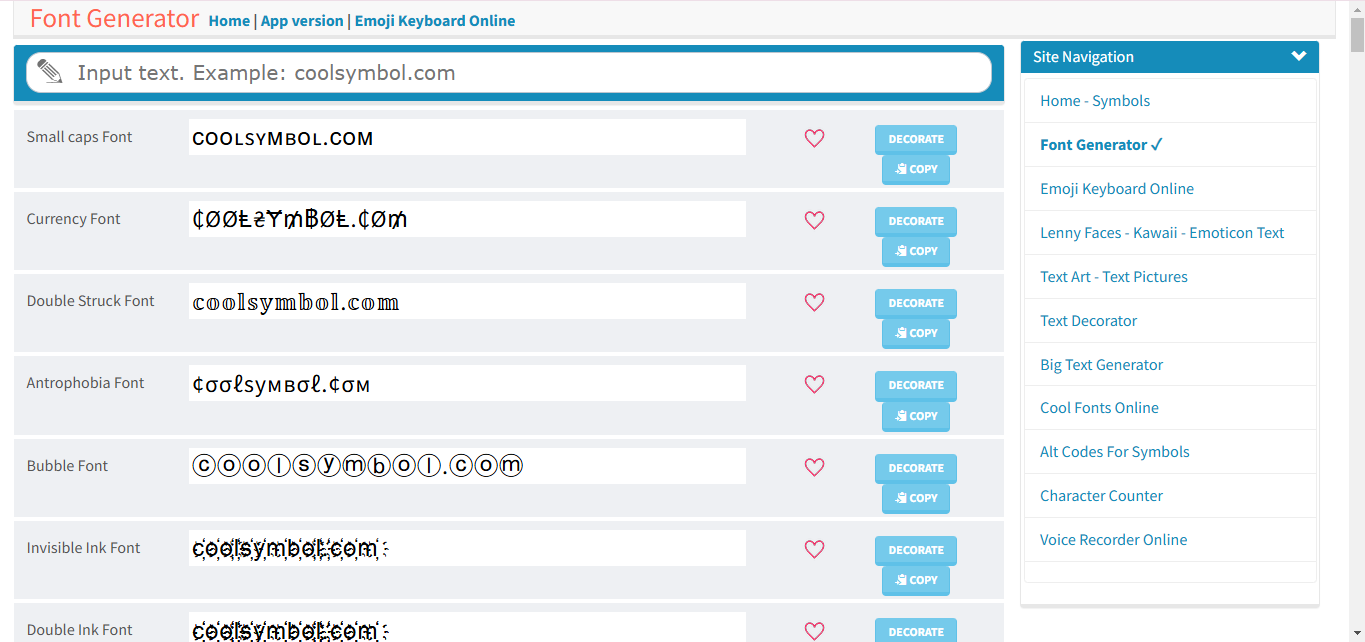 Interface of CoolSymbol  - one of the best stylish writing generators