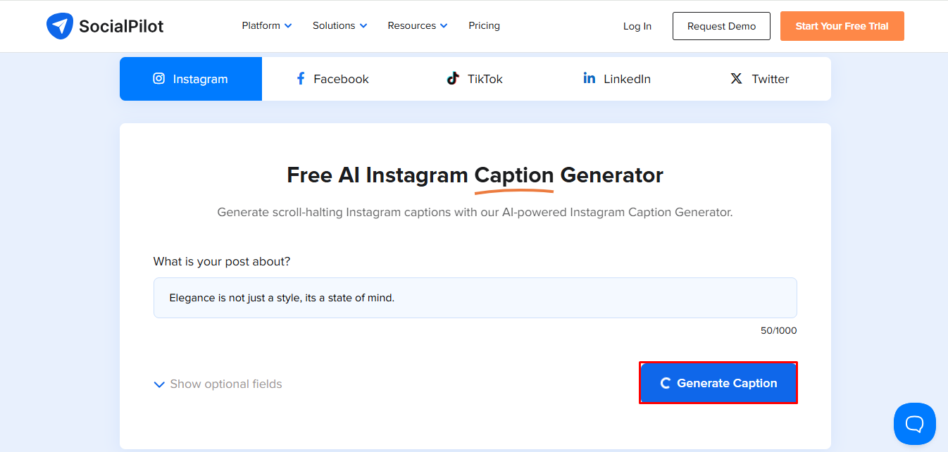 Интерфейс SocialPilot - надежный генератор подписей в Instagram