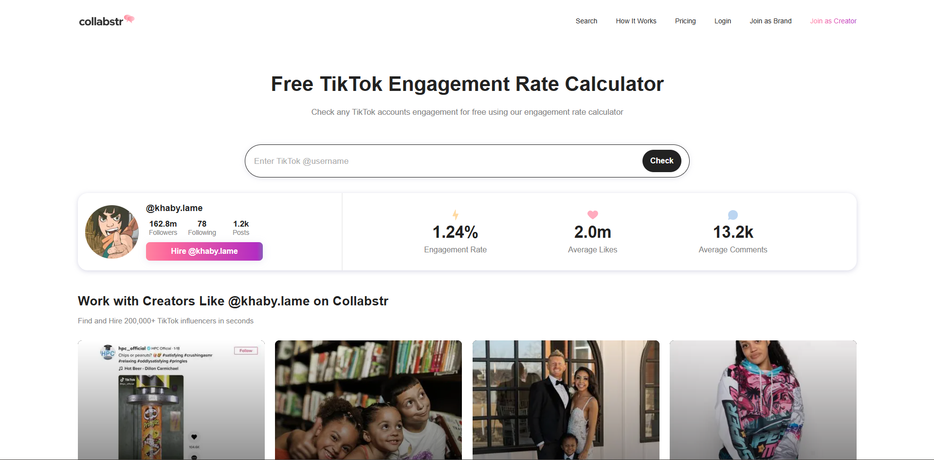 Интерфейс Collabstr - удобный инструмент для расчета уровня вовлеченности TikTok
