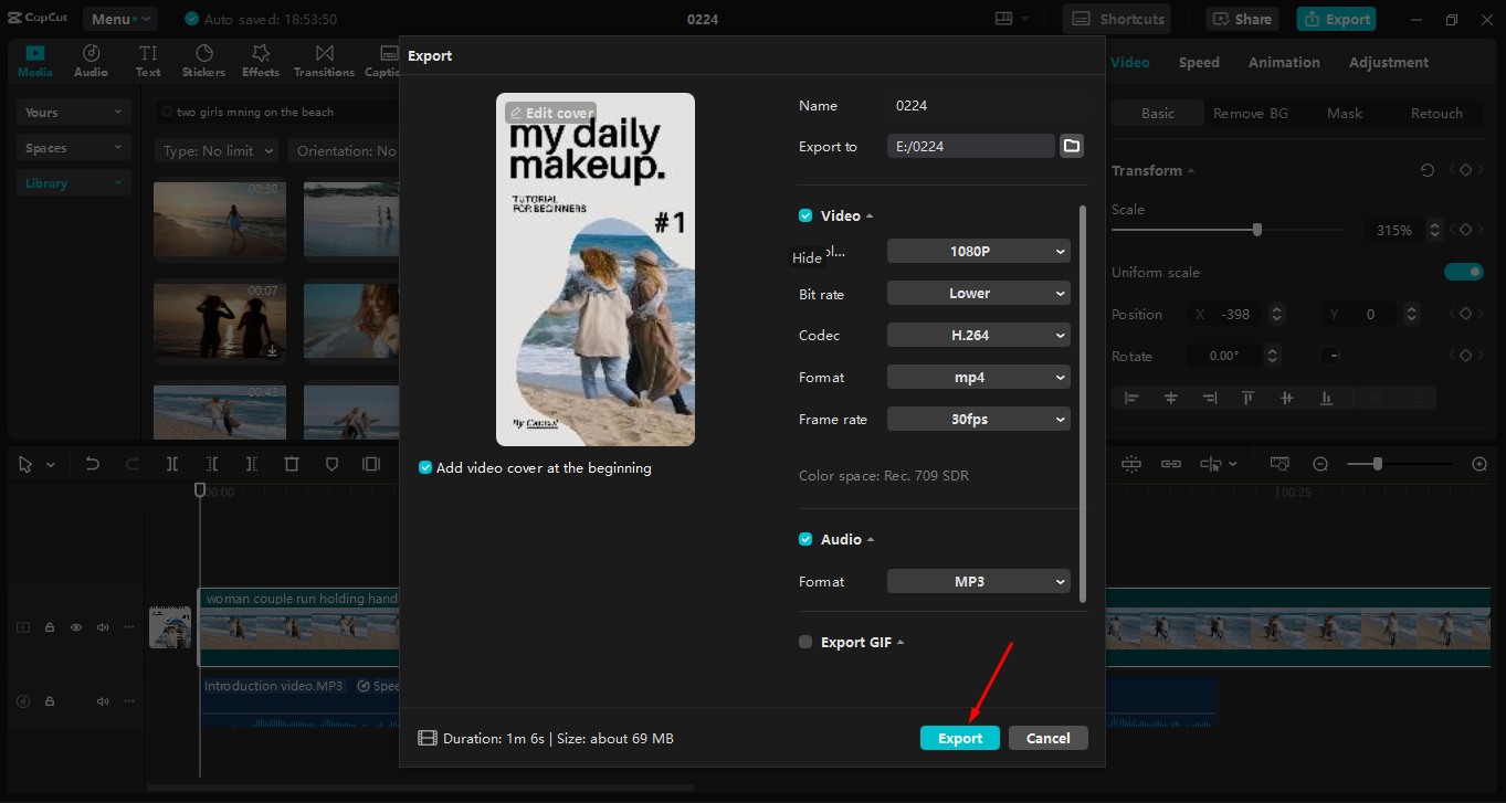 A videó exportálása a CapCut asztali videószerkesztőről
