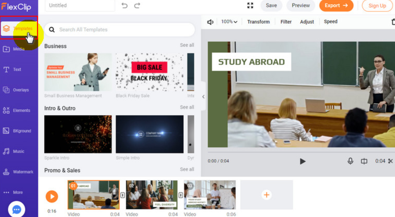 The interface of FlexClip - a reliable tool to edit corporate presentation video templates