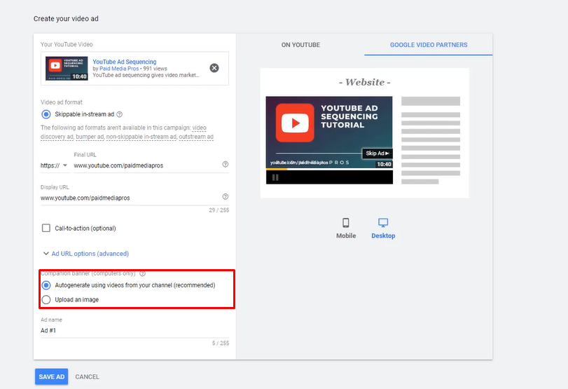 Personalización de banner publicitario de YouTube en anuncios de Google