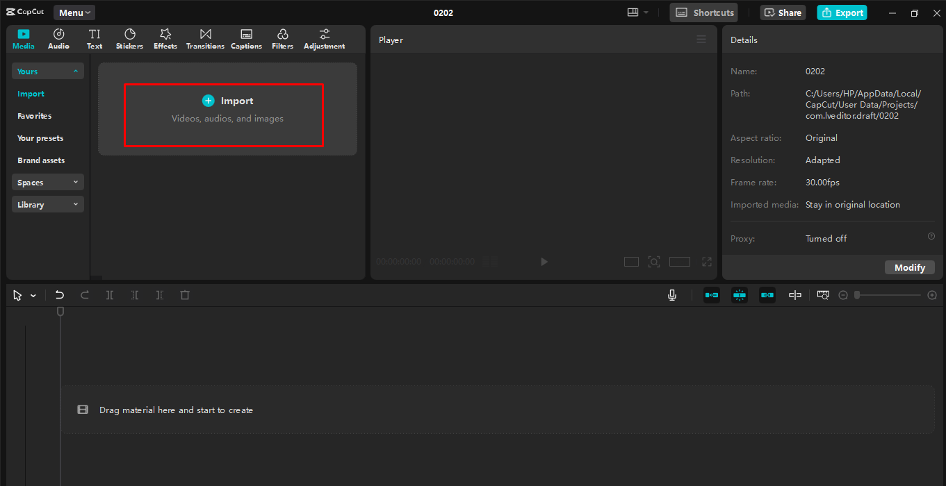 Importing video in the CapCut desktop video editor