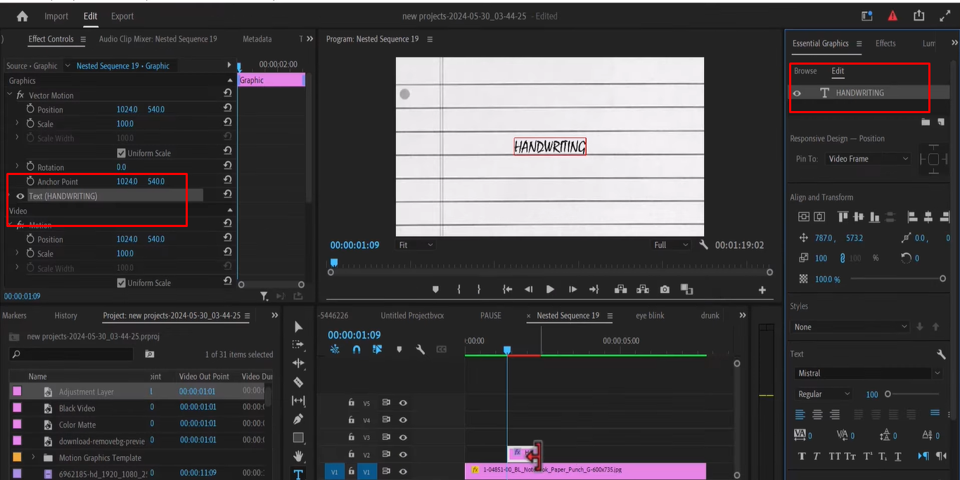 Adding a new text layer to create a handwriting effect in Premiere Pro