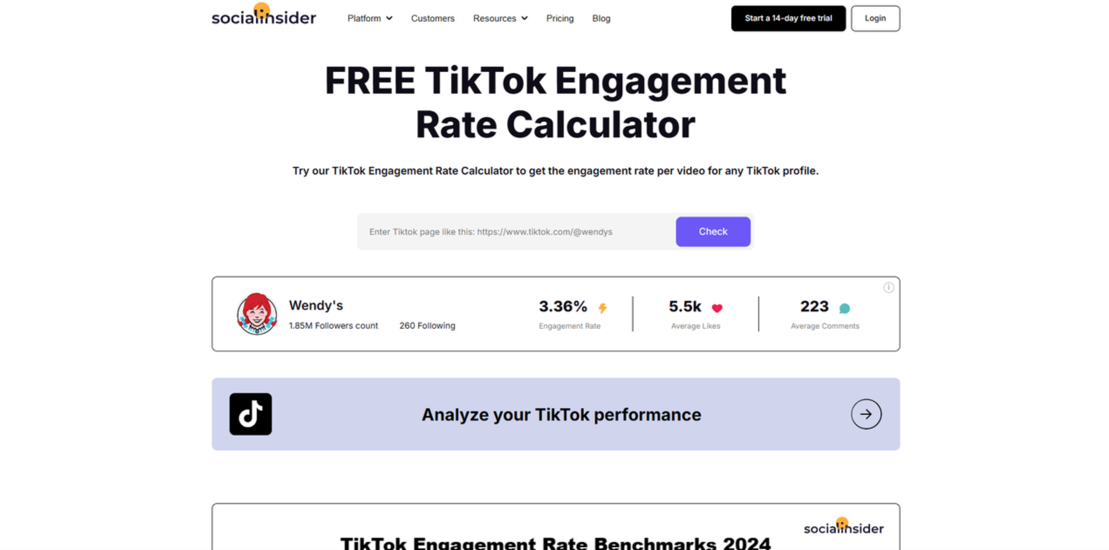Интерфейс Socialinsider - самый используемый калькулятор вовлеченности TikTok