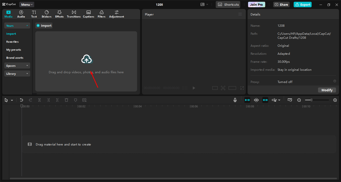 Uploading the video to the CapCut desktop video editor
