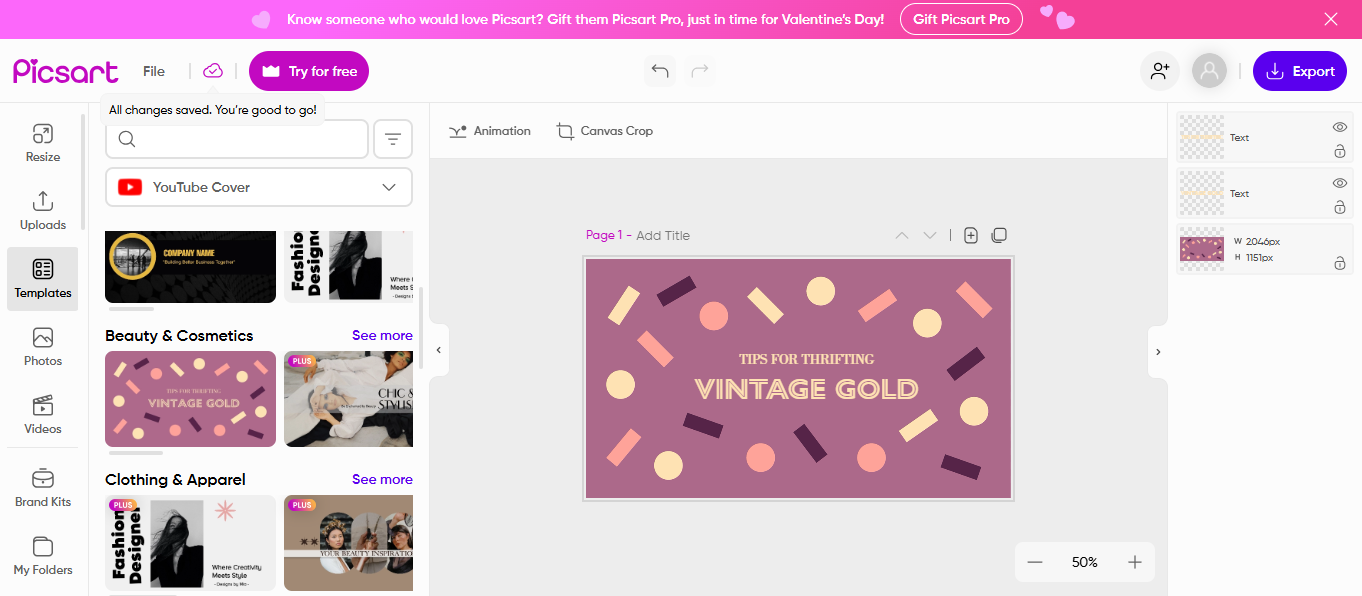 Buat header YouTube di Picsart