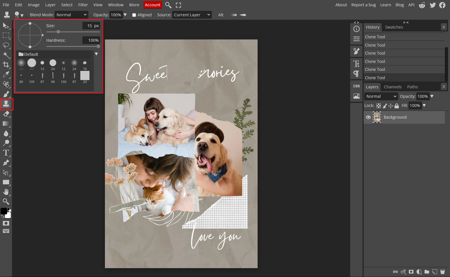 Use the clone stamp tool