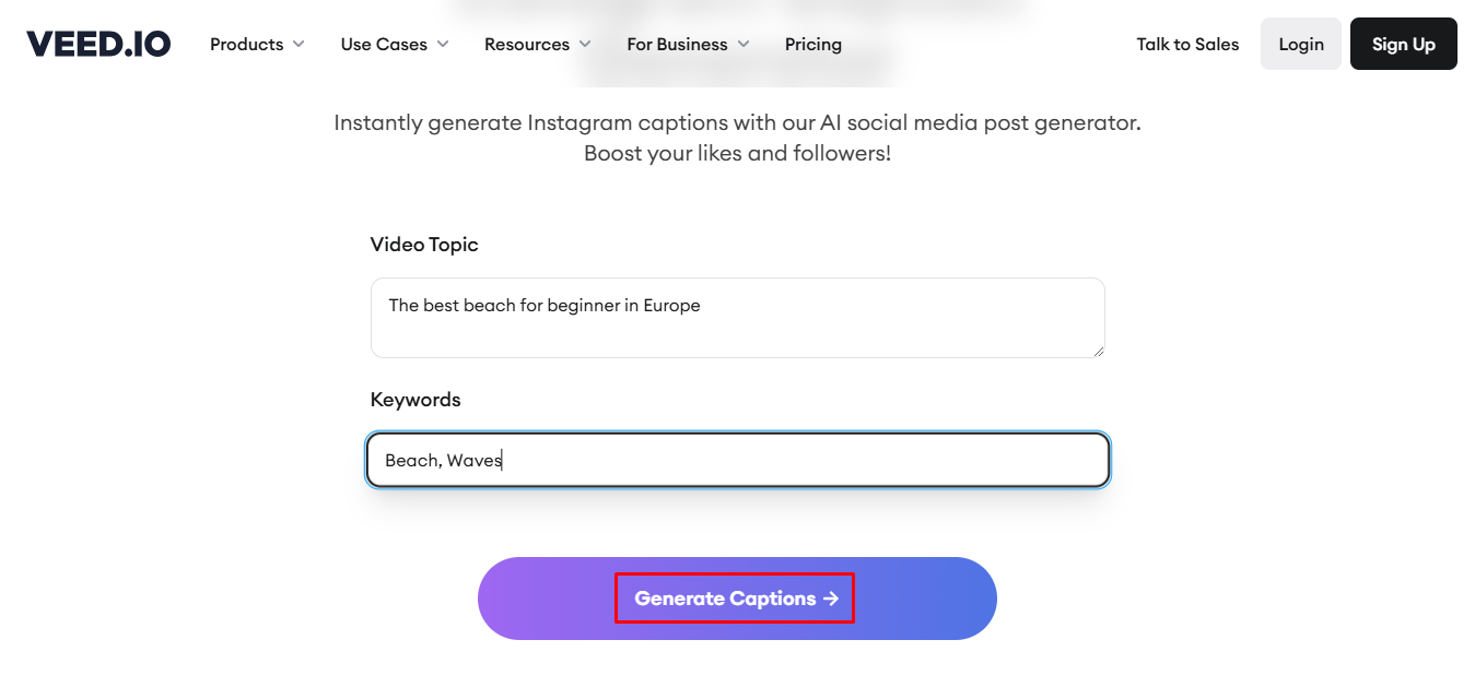 Интерфейс VEED.IO - известный генератор подписей в Instagram