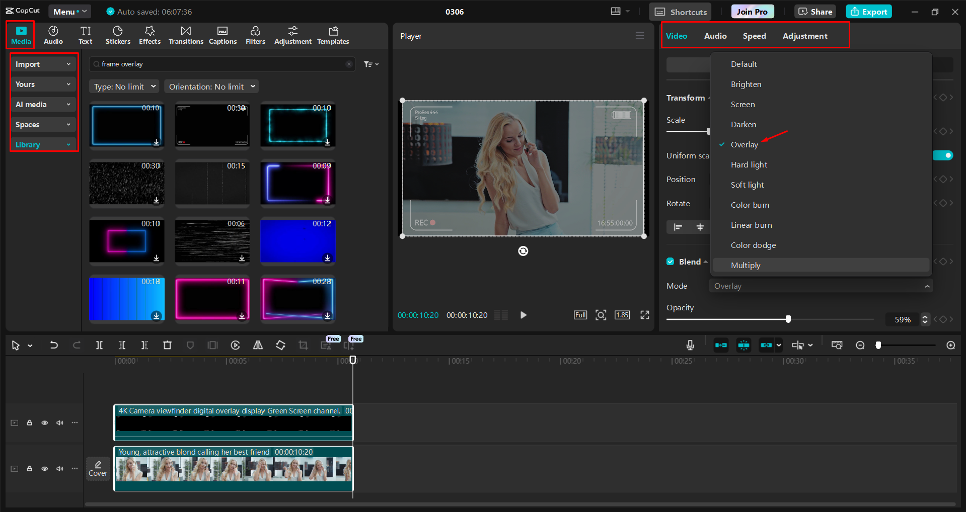 Λήψη και προσαρμογή μιας επικάλυψης πλαισίου ταινίας στον επεξεργαστή βίντεο επιφάνειας εργασίας CapCut