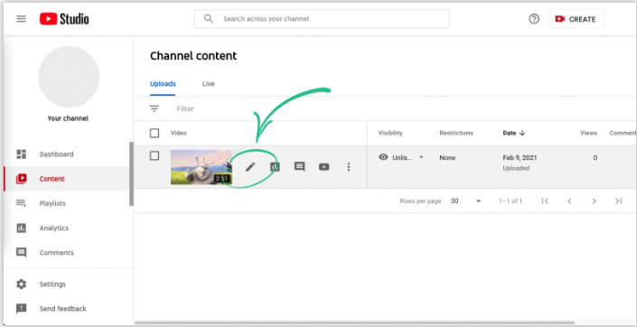 ALT Text: Opening a video in the YouTube Studio to add video link